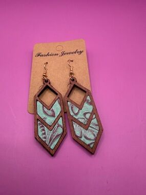 Wood with Turquoise Faux Leather Chevron Drop Earrings